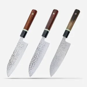 Hammered Damascus Santoku with Forged Carbon Fiber Handle